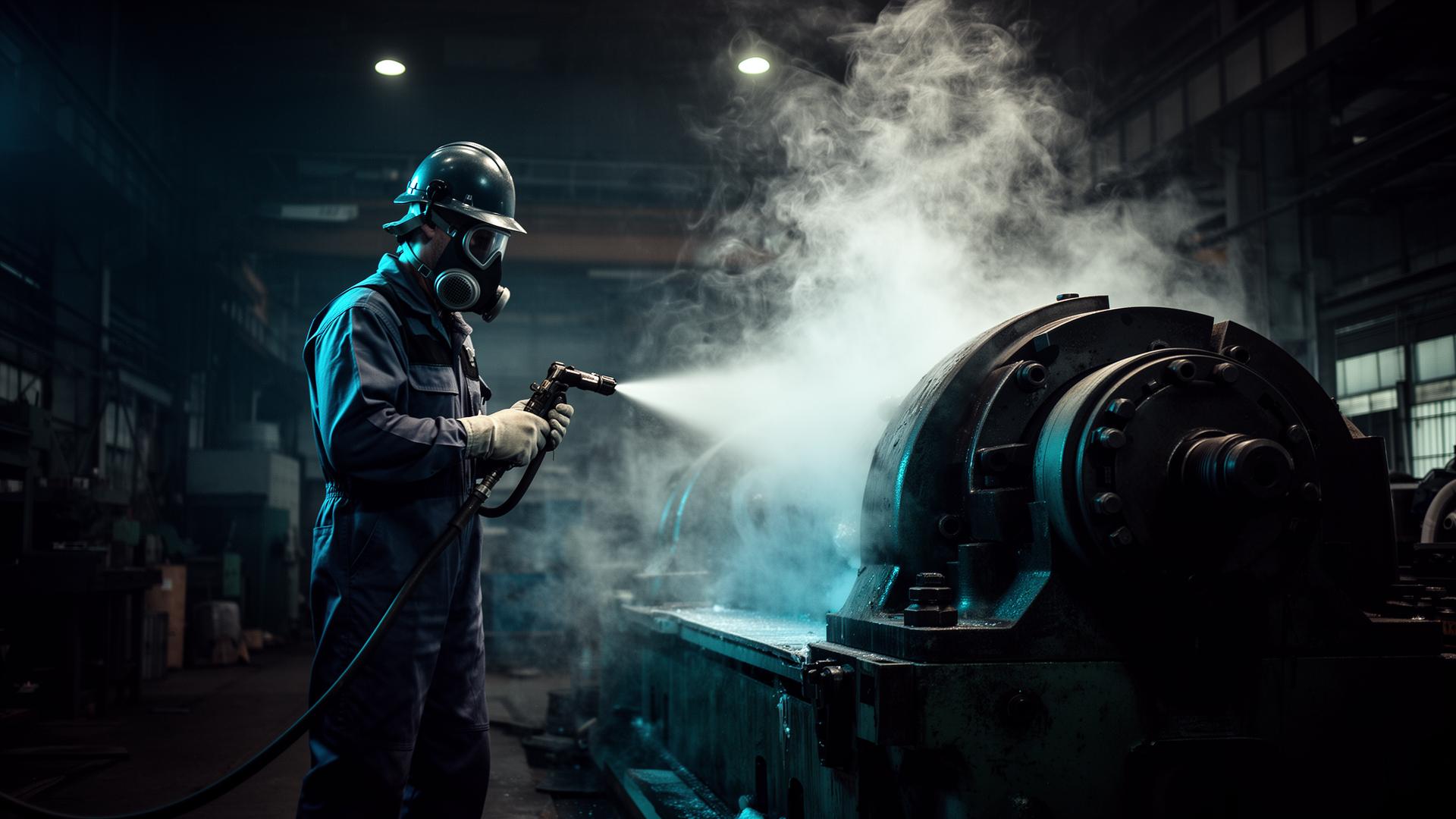 Operator blasting dry ice on industrial machinery with visible vapor cloud
